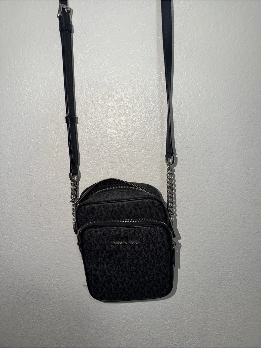 Michael Kors Black Logo-Print Crossbody Bag with Chain Strap